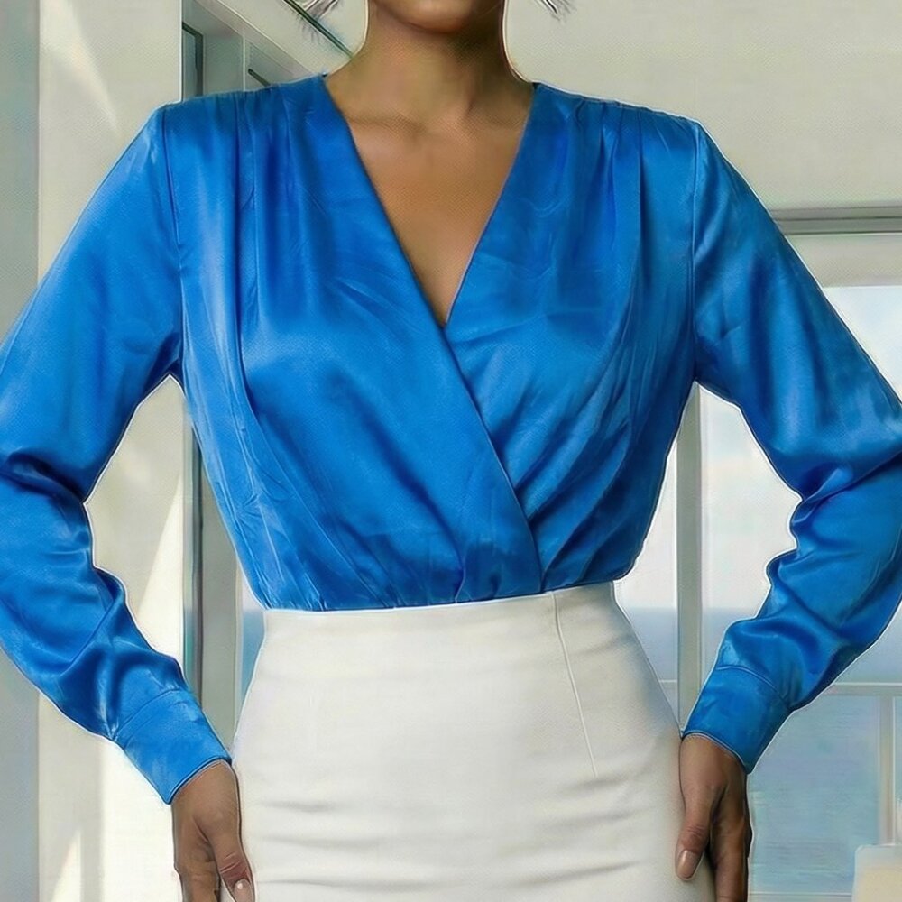 REVOLVE Blue Satin Wrap Bodysuit